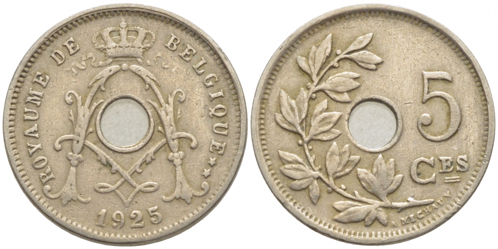 Бельгия 5 сантимов 1925 Belgique, Альберт I (1909-1934) KM 66 медно-никель 112-239