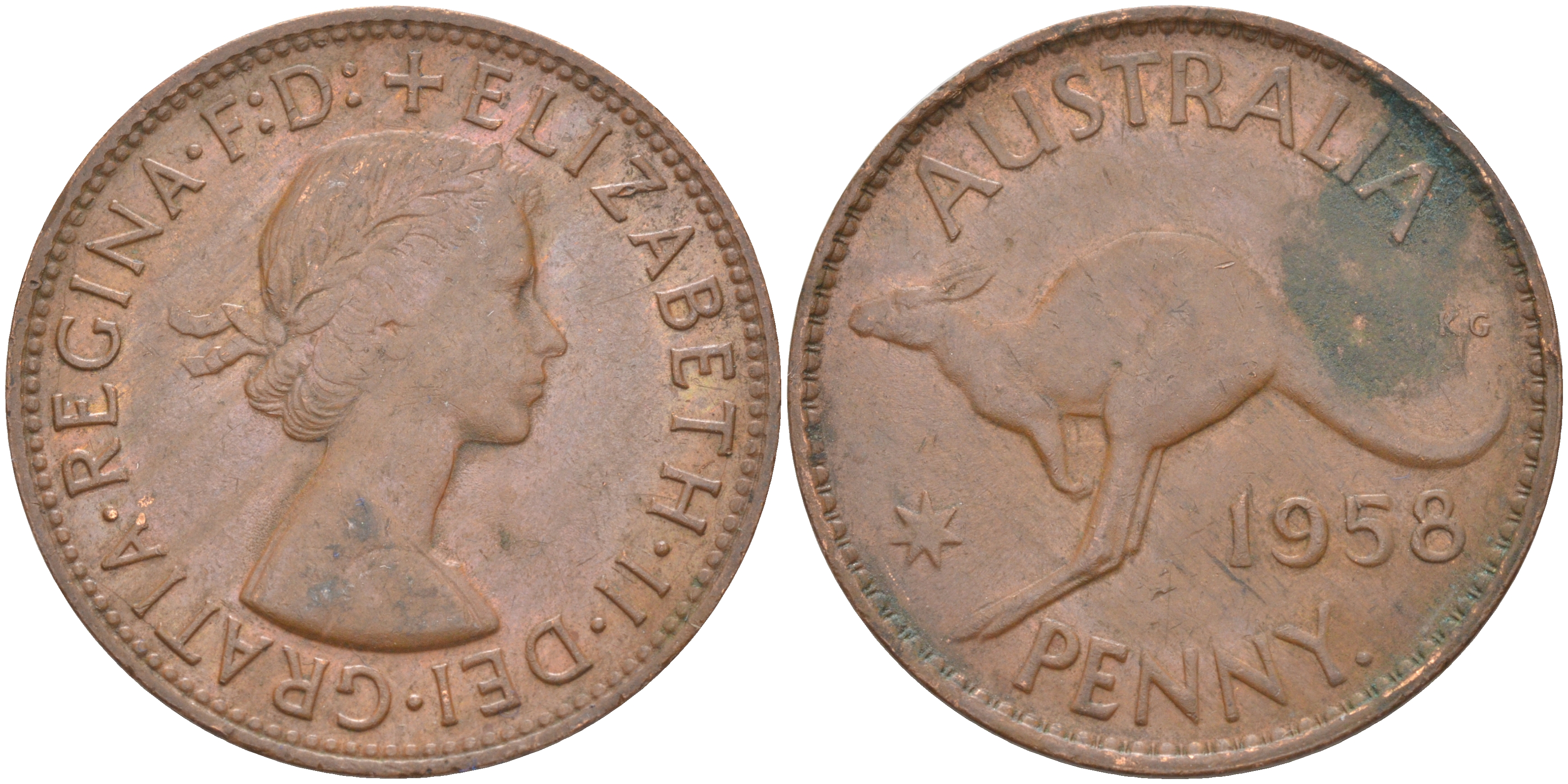 Австралия 1 пенни 1958 КЕНГУРУ, Елизавета II, С ТОЧКОЙ ПОСЛЕ PENNY KM 56 бронза 4542-746