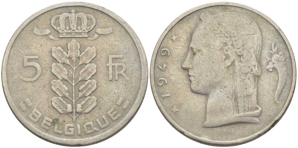 Бельгия 5 франков 1949 Леопольд III (1934-1950), Belgique KM 134.1 медно-никель 119-711