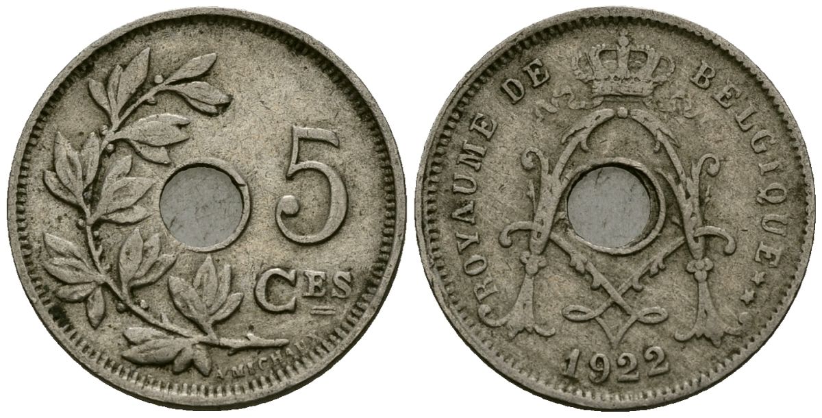 Бельгия 5 сантимов 1922 Belgique KM 66 медно-никель 4173-517