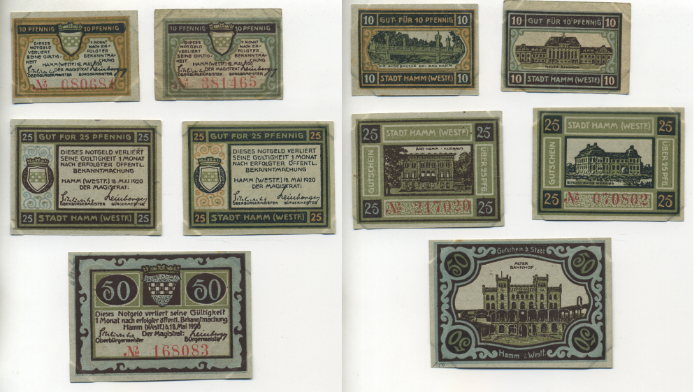 ХАММ НАБОР ИЗ 5 БАНКНОТ 1920 НОТГЕЛЬД, ВИДЫ ГОРОДА, (2 Х 10, 2 Х 25, 50 ПФЕННИГОВ), 18 МАЯ 1920 Грабовски 568.2 бумага 70-1-4