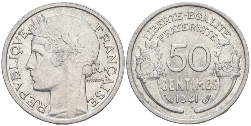 ФРАНЦИЯ 50 САНТИМОВ 1941 ТИП MORLON LOURDE KM 894.1a, LE FRANC 193.2 алюминий 44-162