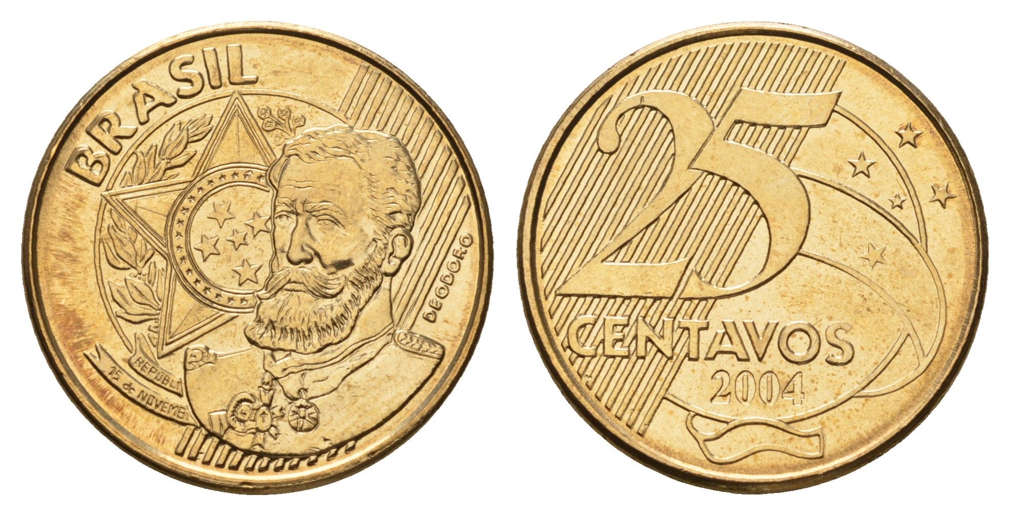 Бразилия 25 сентаво 2004 KM 650 сталь плакированная латунью UNC 4163-845