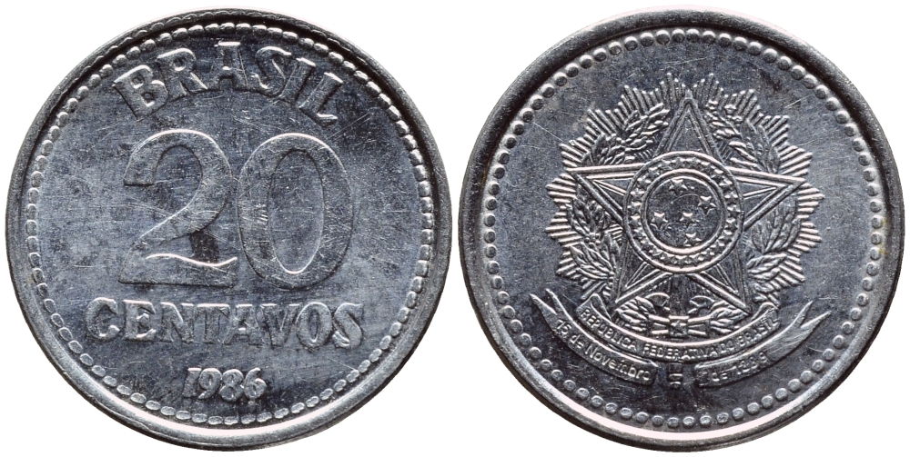 Бразилия 20 сентаво 1986 герб KM 603, Schon 112 нержавеющая сталь 4396-344