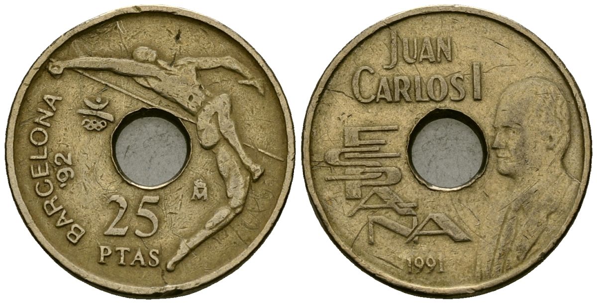 Испания 25 песет 1991 Олимпийские игры в Барселоне 1992 года, прыжки в высоту, Хуан Карлос I (1975-2014) KM 851 никель бронза 4167-125