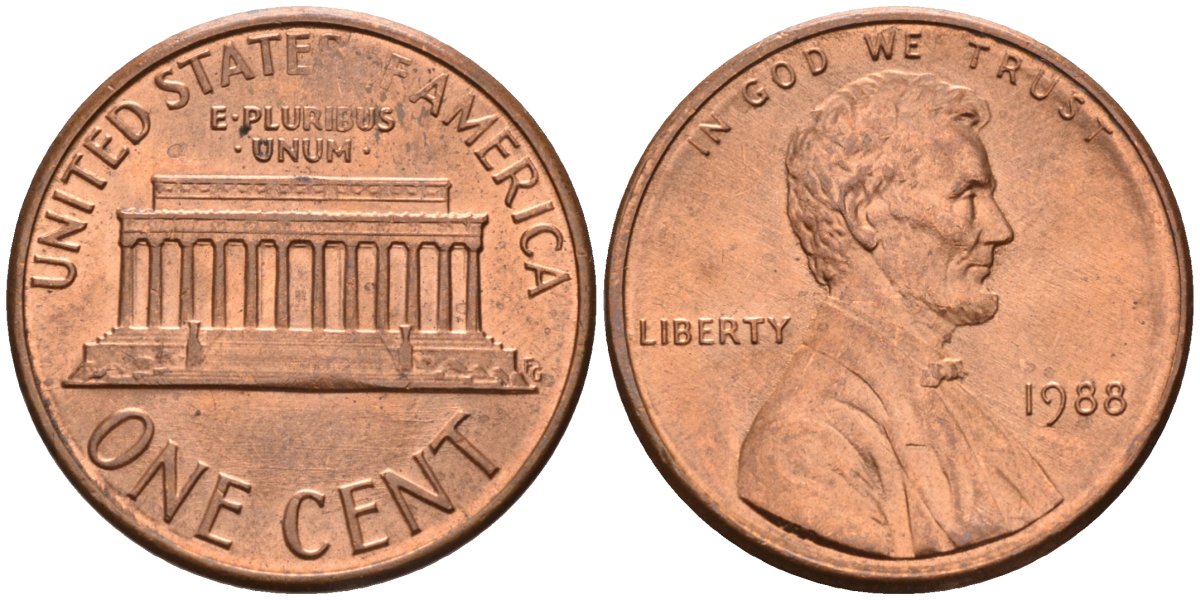 США 1 цент 1988 Линкольн KM 201b цинк плакированный медью 4580-422