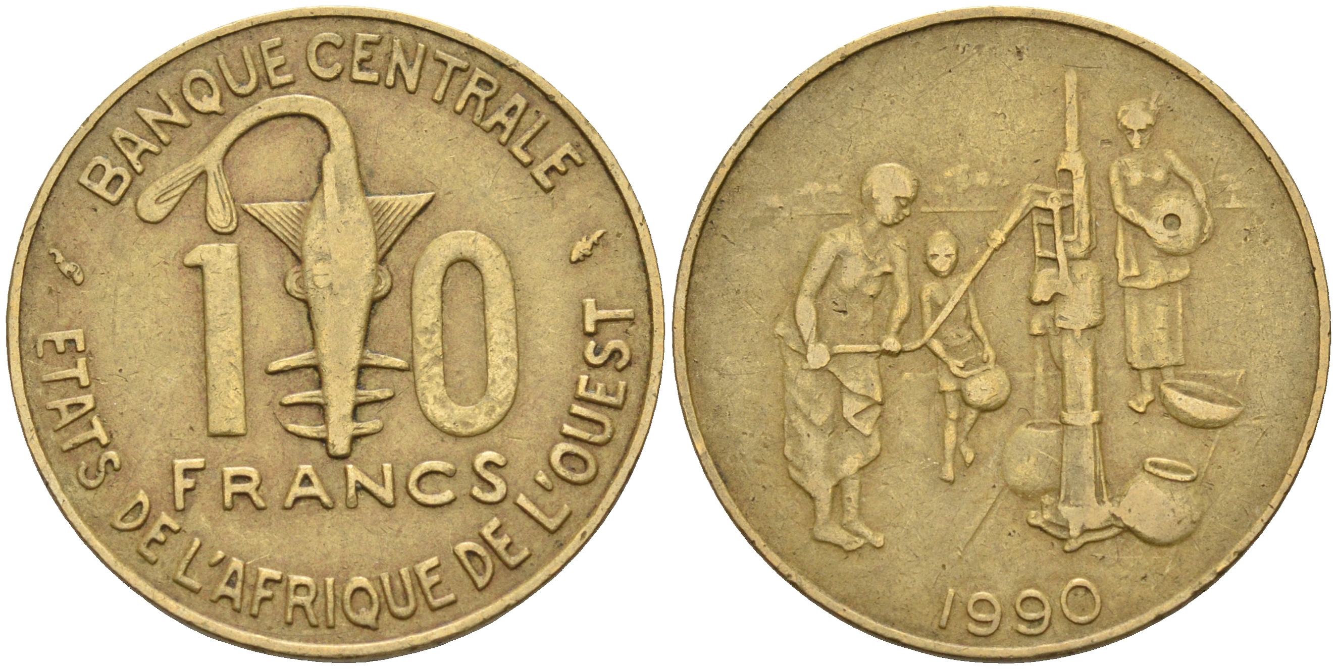 Валютное сообщество стран Западной Африки 10 франков 1990 FAO KM 10 латунь    4595-717