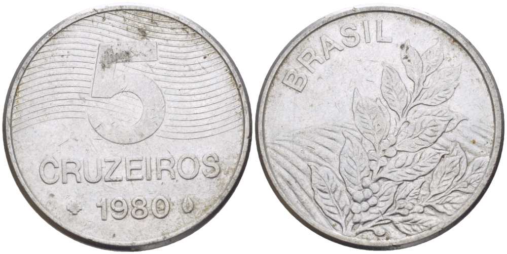 БРАЗИЛИЯ 5 КРУЗЕЙРО 1980 РЕФОРМА 1967-1985, КОФЕ KM 591 нержавеющая сталь 4382-1247