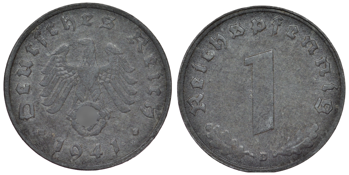 Германия 1 рейхспфенниг 1941 D KM 97, J. 369 цинк 4124-215