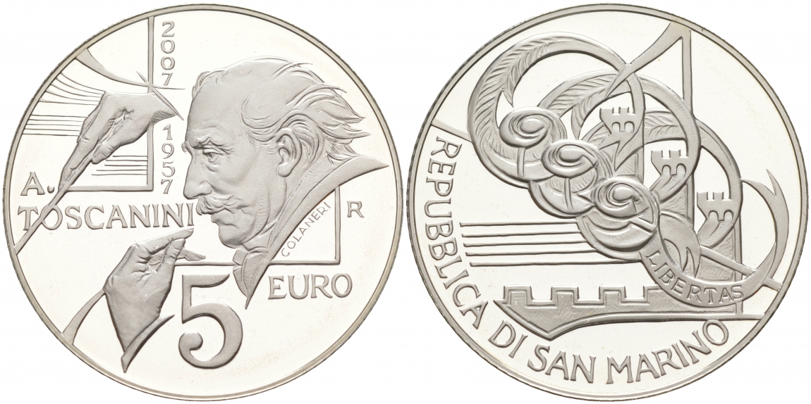 Сан-Марино 5 евро 2007 дирижер Артуро Тосканини KM 474 серебро PROOF 02-069-45