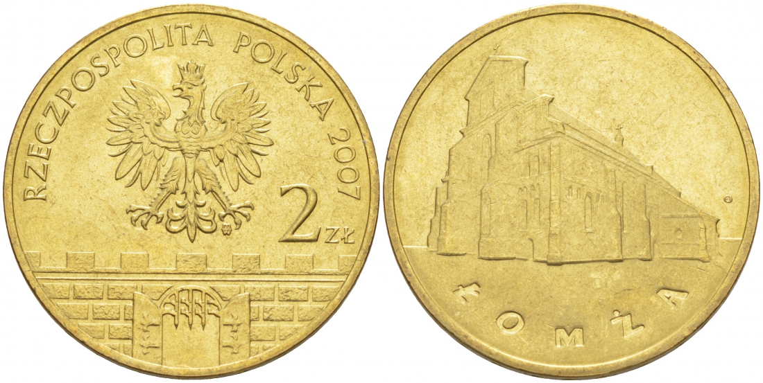 Польша 2 злотых 2007 MW, серия польские города, Ломжа (Lomza) KM 616 латунь UNC 69-1114