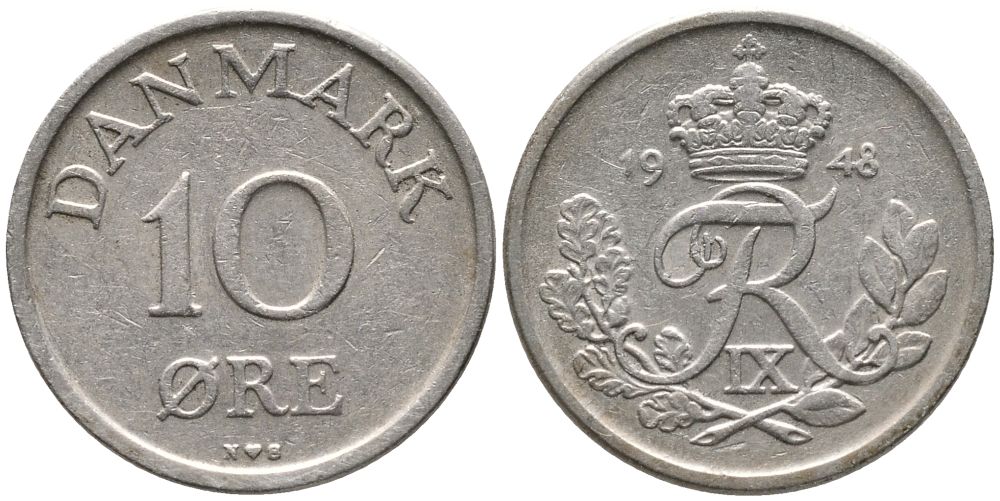 ДАНИЯ 10 ЭРЕ 1948 N; S, ФРЕДЕРИК IX (1947-1972) KM 841.1 медно-никель 100-728