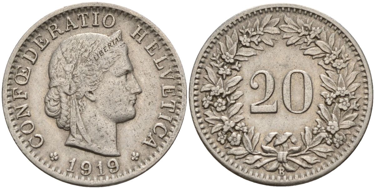 Швейцария 20 раппенов 1919 KM 29 никель 4152-565