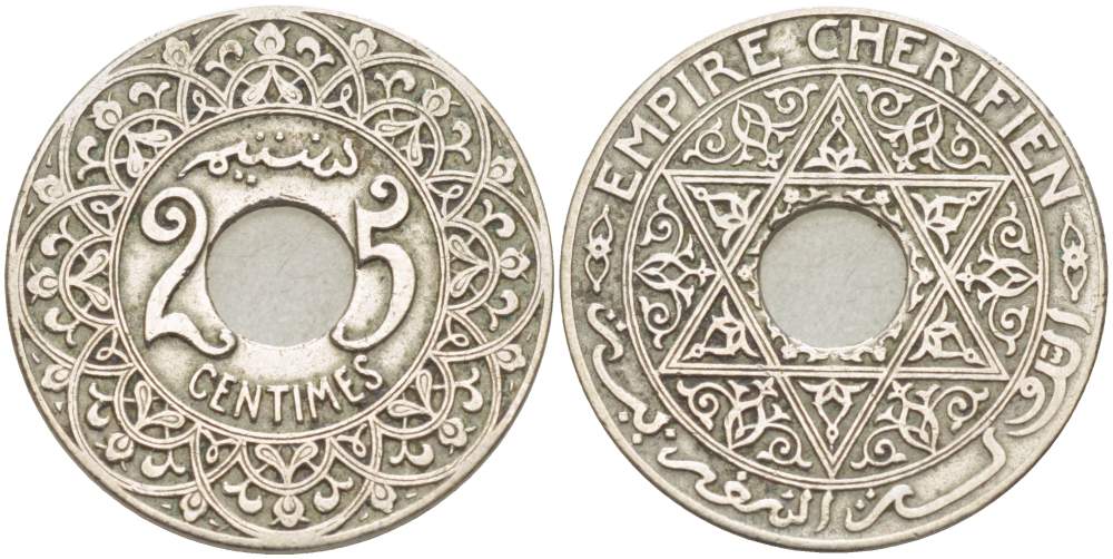 Марокко 25 сантимов 1921 Мулай Юсуф (1912-1927), Французский протекторат KM 34.1 медно-никель 4523-1144