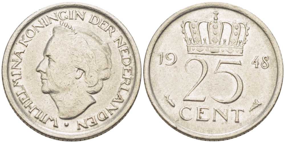 НИДЕРЛАНДЫ 25 ЦЕНТОВ 1948 ВИЛЬГЕЛЬМИНА (1890-1948) KM 177 никель 211-629
