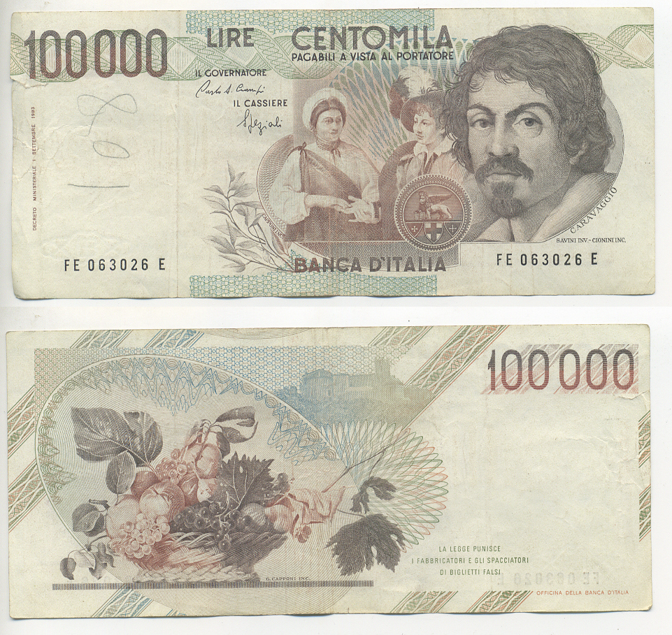 Италия 100000 лир 1983 Караваджо, фруктовый букет, подпись Stevani Pick 110а бумага 7220-2-1