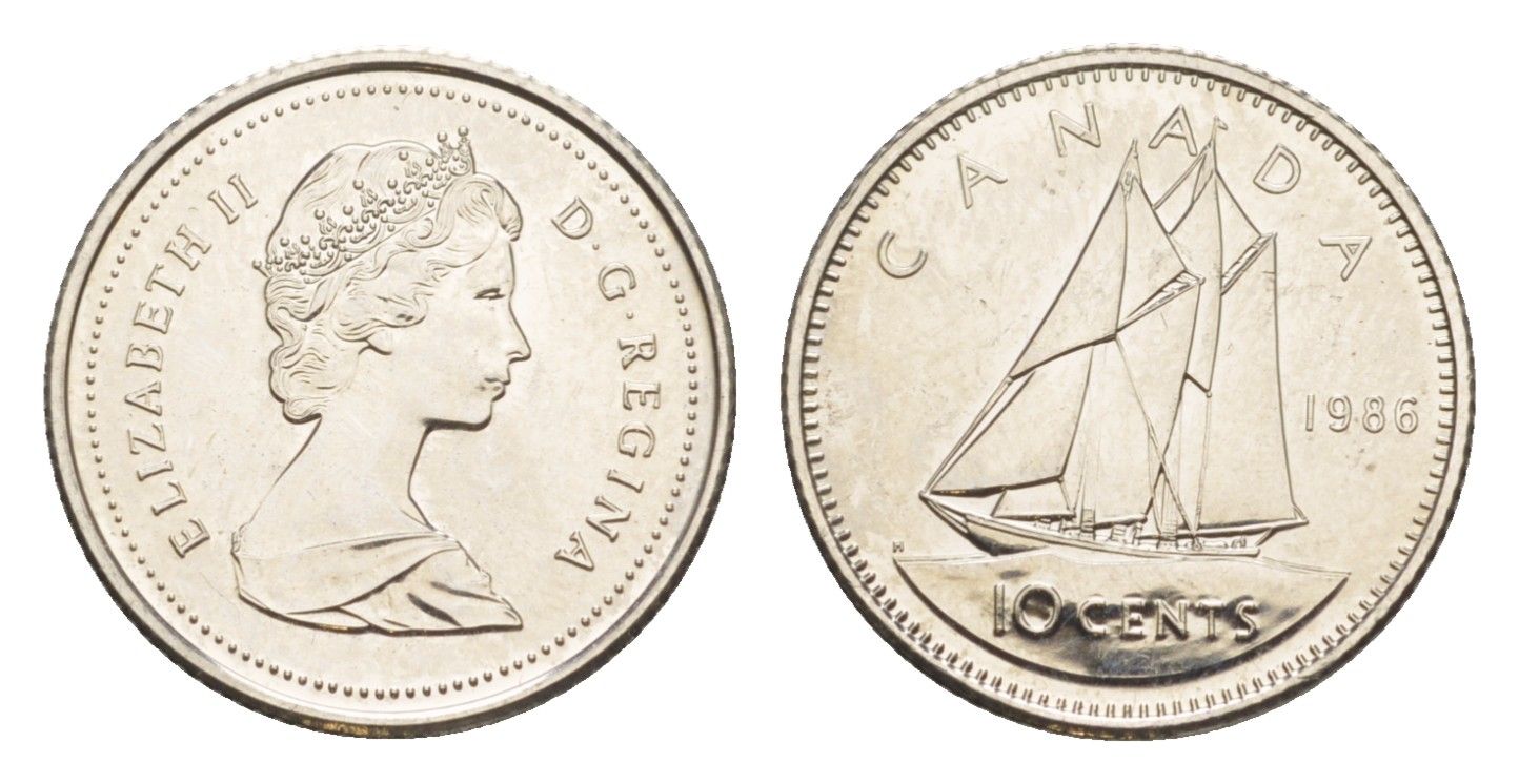 Канада 10 центов 1986 Елизавета II (1952-2022), парусник KM 77 никель UNC 4639-648