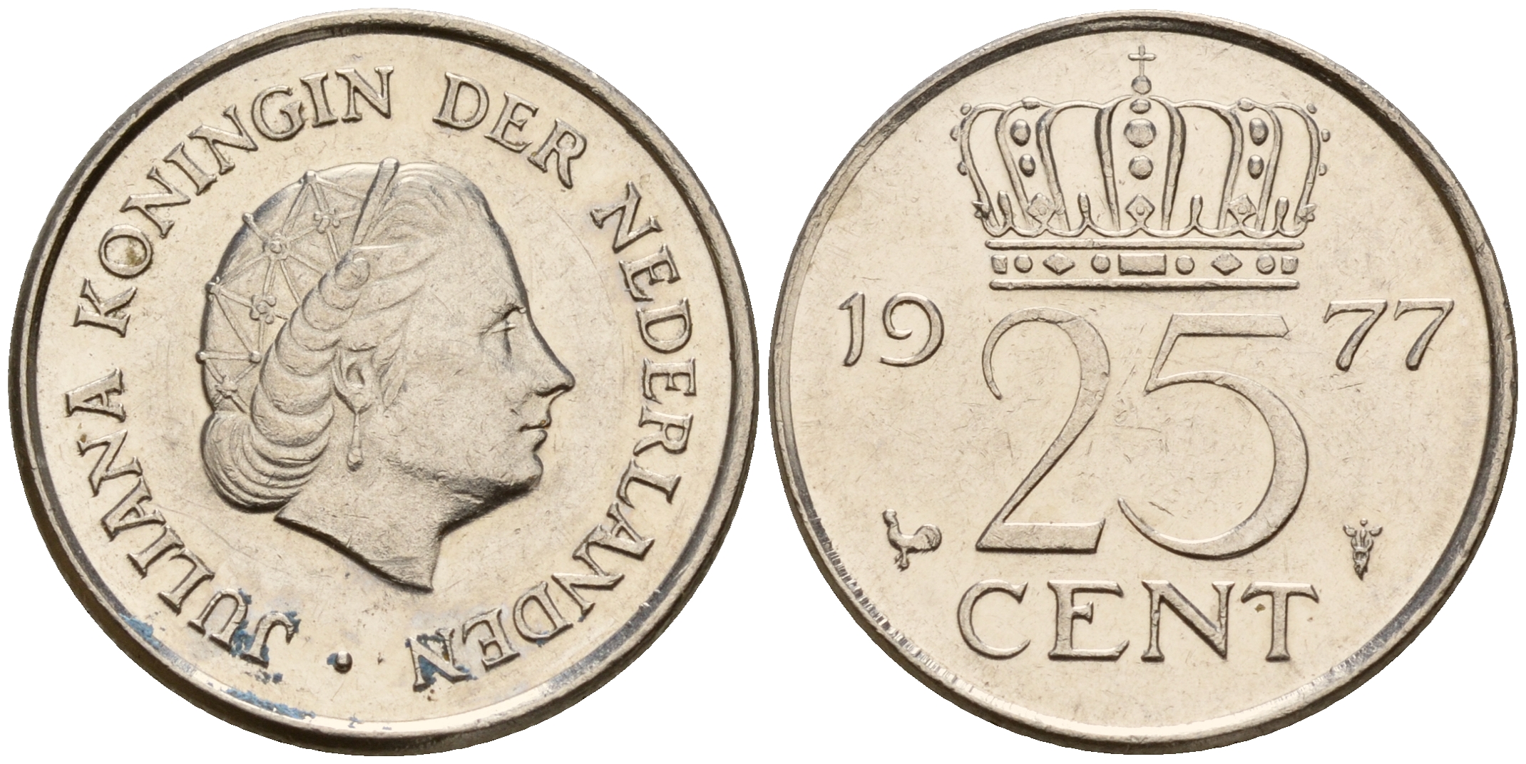 Нидерланды 25 центов 1977 Юлиана (1948-1980) KM 183 никель 4598-526