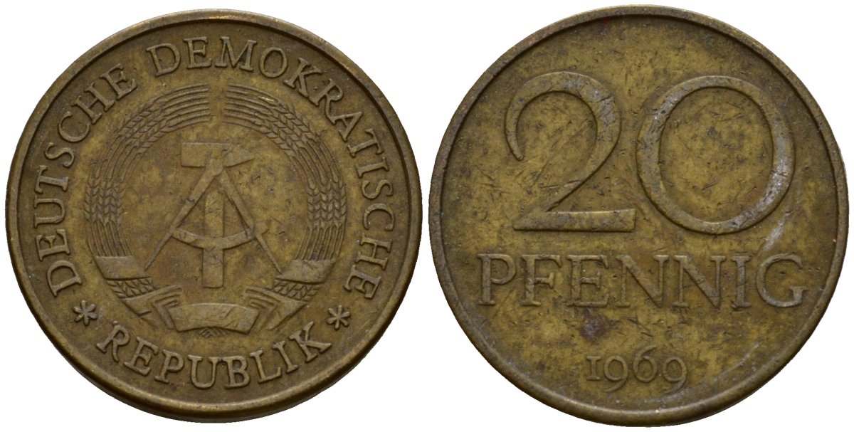ГДР 20 пфеннигов 1969 A, первый год KM 11 латунь 4601-534