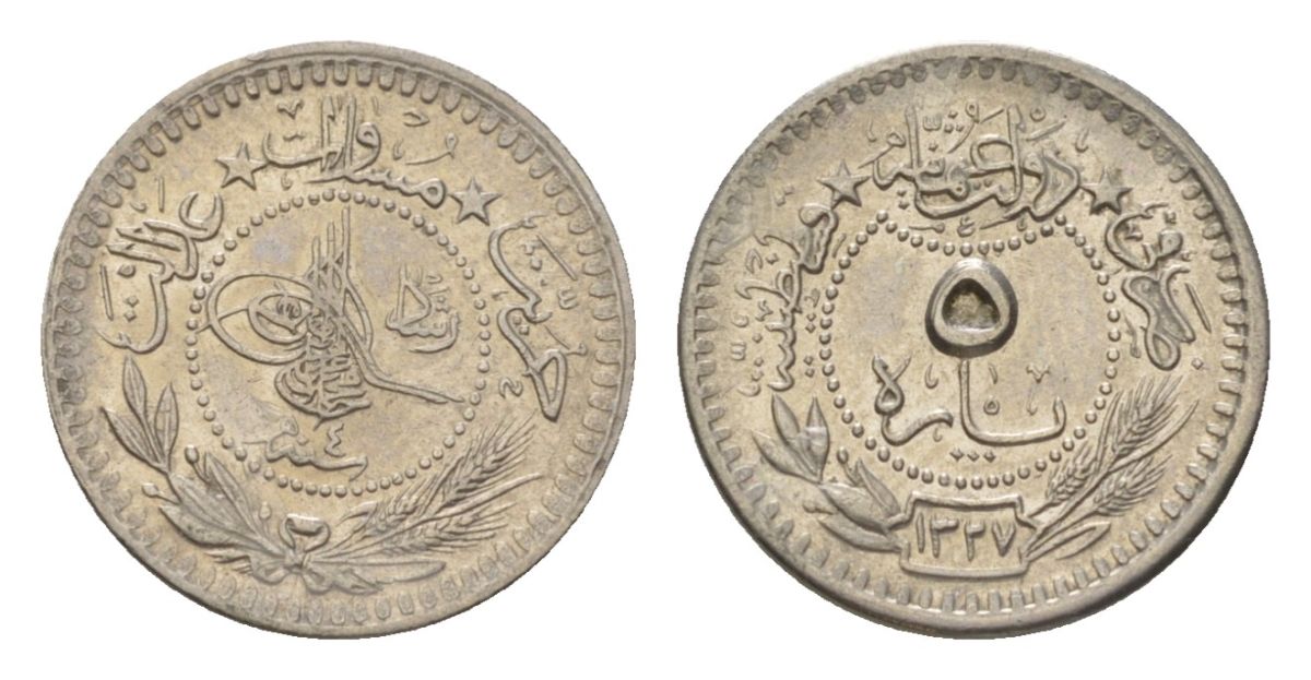 Турция, Османская империя 5 пара 1909 (1912) (4) AH 1327 KM 759 никель 4625-1155