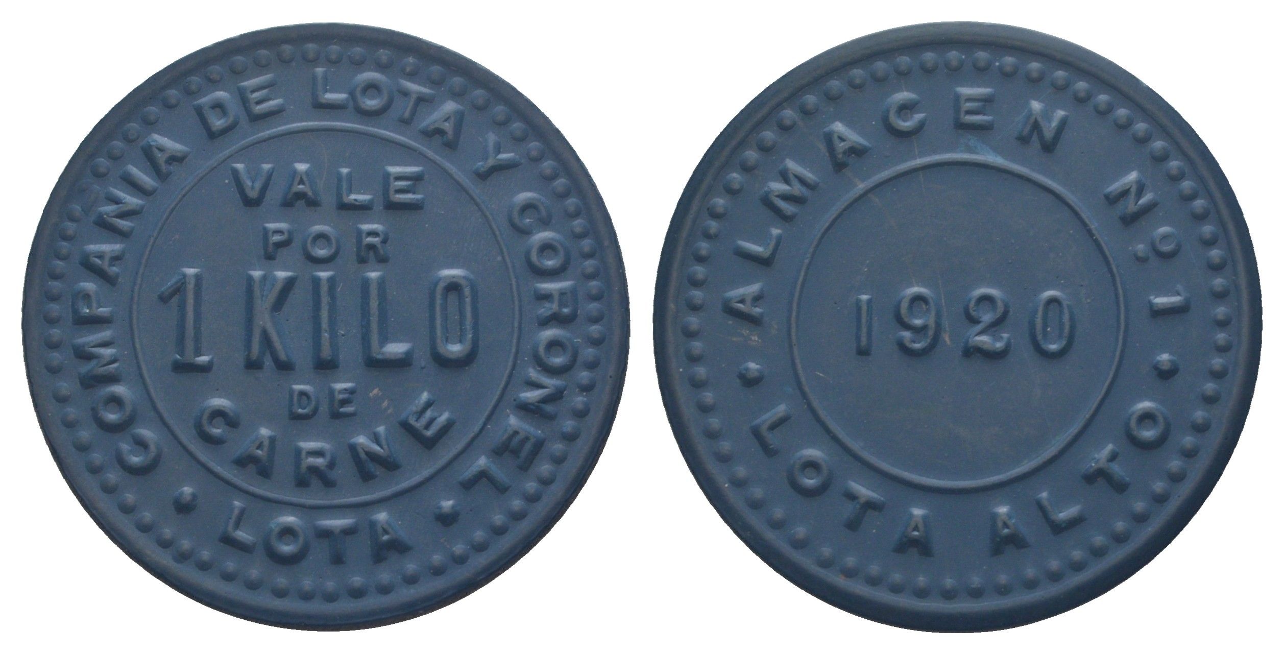 Чили, компании Лота и Коронель (Compania de Lota y Coronel) - Склад № 2 жетон в 1 килограмма мяса 1920 диаметр 34,5 мм, вес 4,7 гр не описан в Espinosa эбонит (синий) 01-237-31