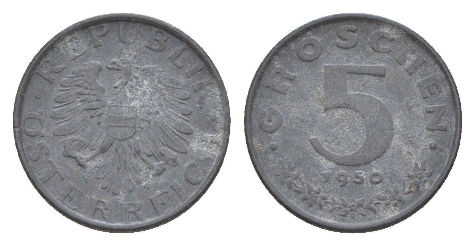 Австрия 5 грошей 1950 KM 2875 цинк 4567-145