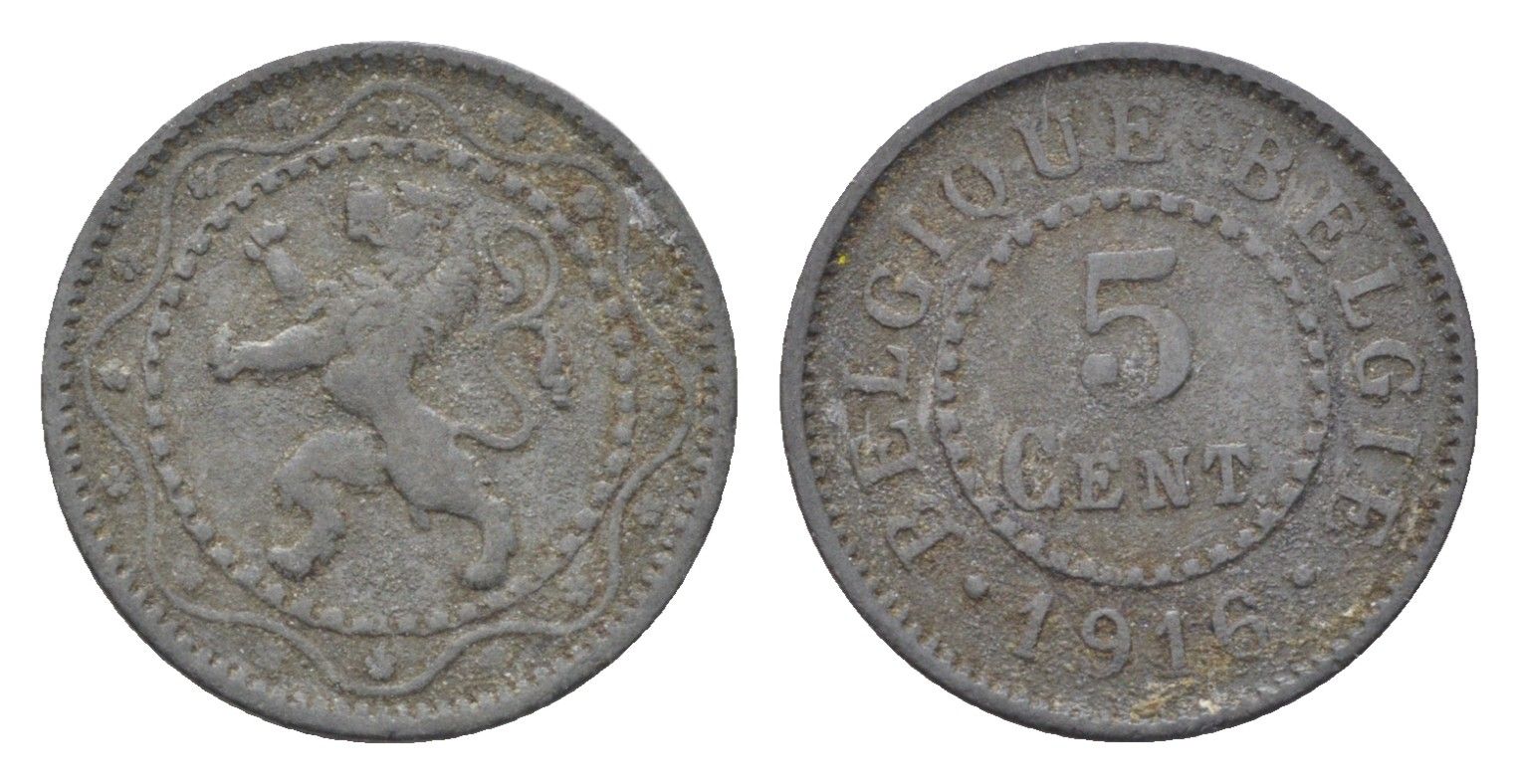 Бельгия 5 сантимов 1916 Belgique-Belgie, германская оккупация, I-ая мировая война KM 80 цинк 4702-1041