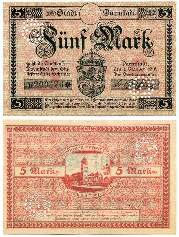 Германия, Дармштадт 5 марок 1918 - 1919 1 октября 1918 - 1 Февраля 1919, нотгельд, земля Гессен, водяной знак перепечатка, № номер снежинка, с перфорацией Geiger 092.03  бумага  UNC (пресс) 8613-32-1-1