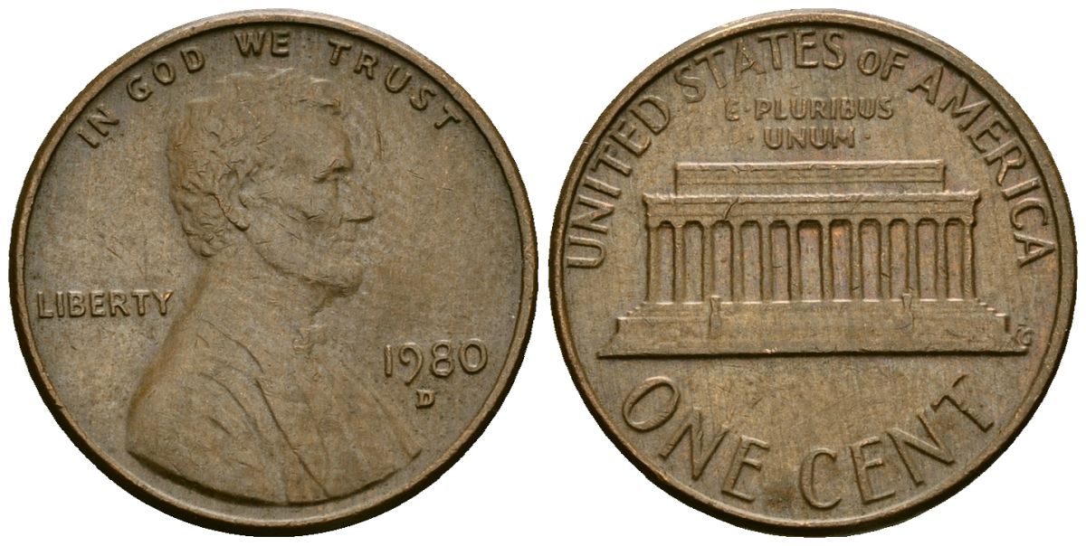 США 1 цент 1980 D, Авраам Линкольн KM 201 медь цинк 4136-166