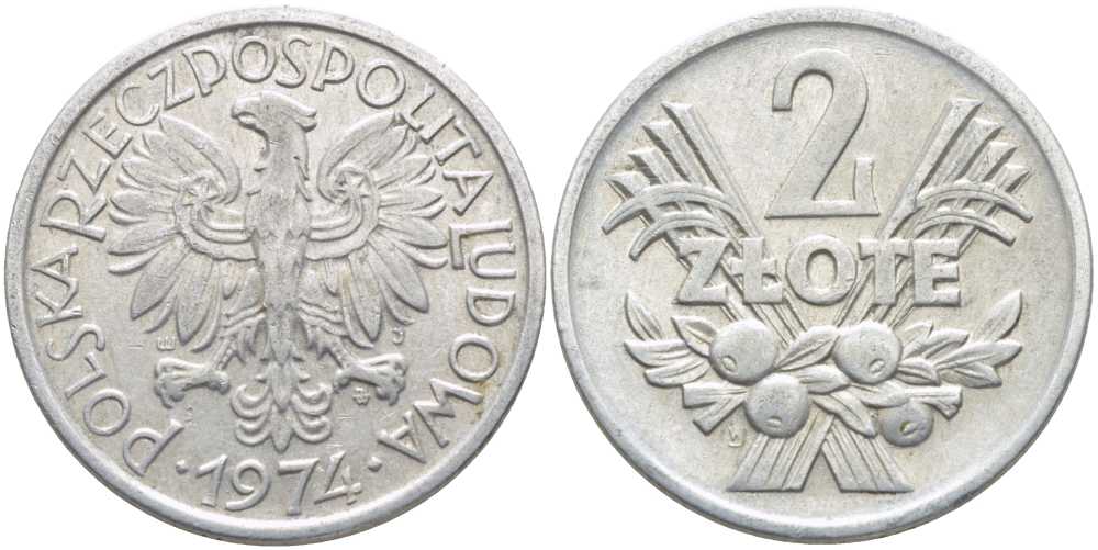 ПОЛЬША 2 ЗЛОТЫХ 1974 MW KM 46 алюминий 113-416