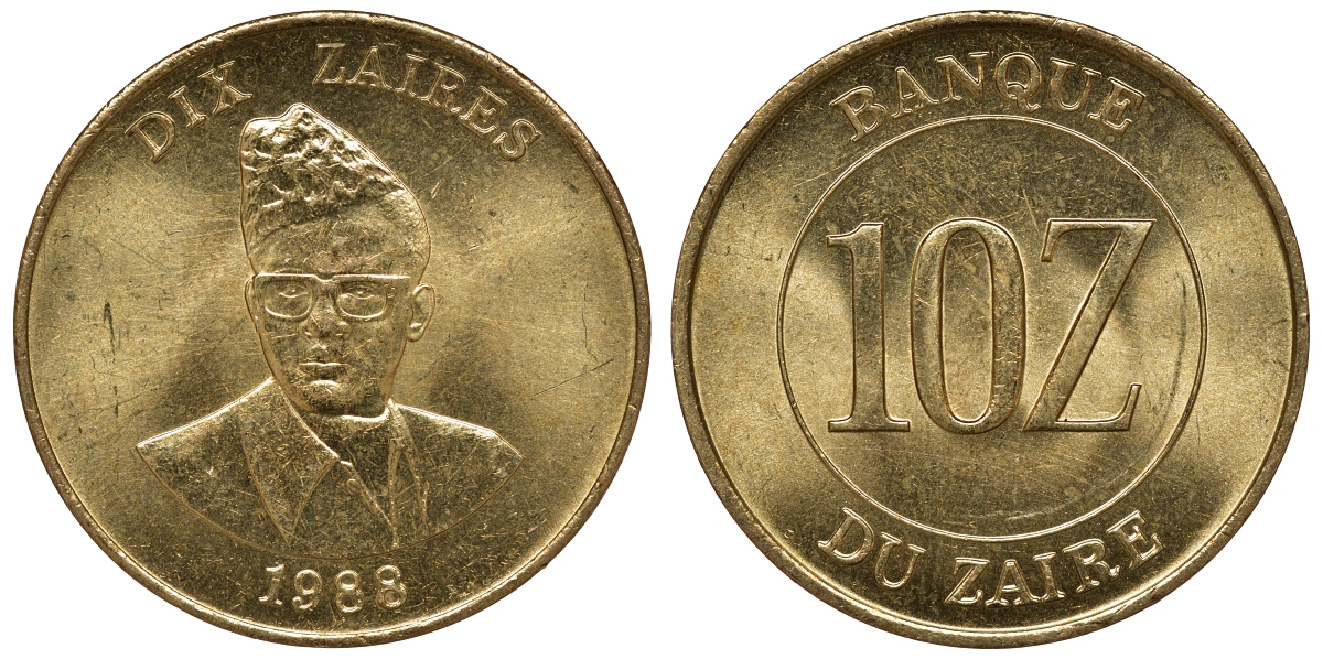 Заир 10 заиров 1988 Мобуту Сесе Секо KM 19 латунь UNC M52-04
