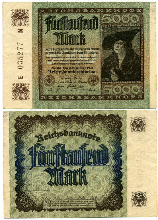 ГЕРМАНИЯ 5000 МАРОК 1922 2 ДЕКАБРЯ 1922, ВОДЯНОЙ ЗНАК Е, В ЗВЁЗДАХ G/D, ДЮРЕР Pick 81а бумага 3295-95-1