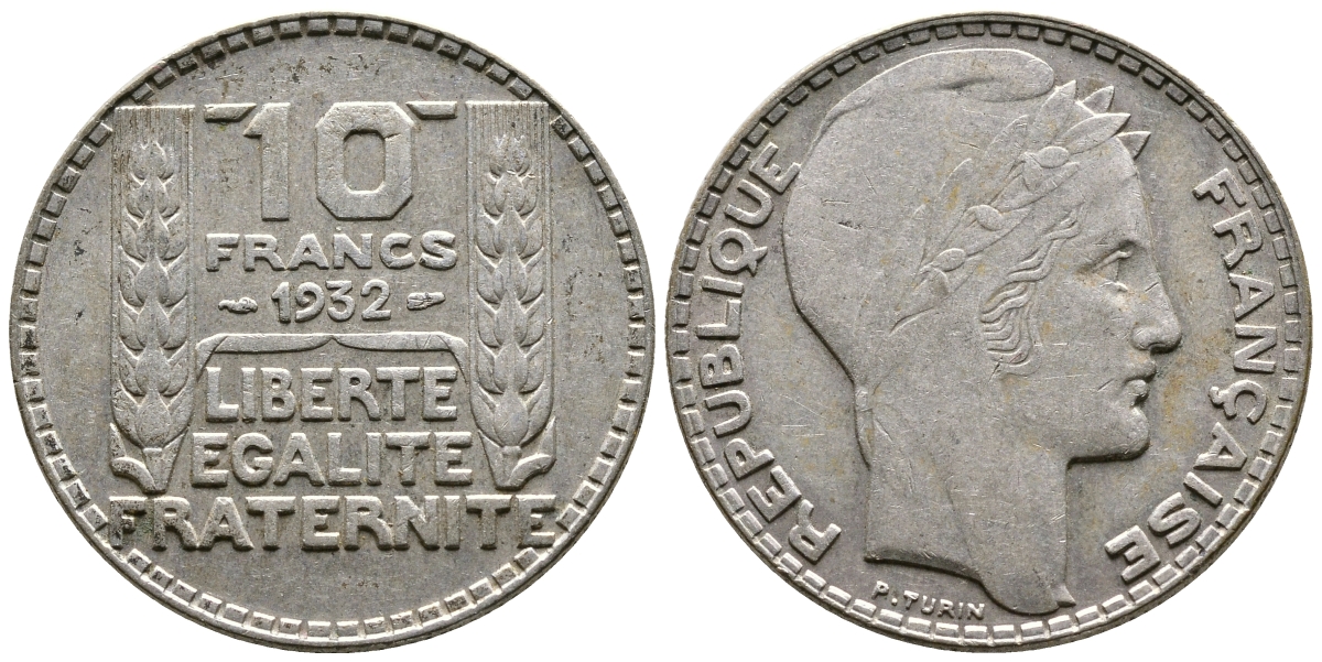 Франция 10 франков 1932 Пьер Тюрен KM 878, Le Franc 360.5 серебро 93-237
