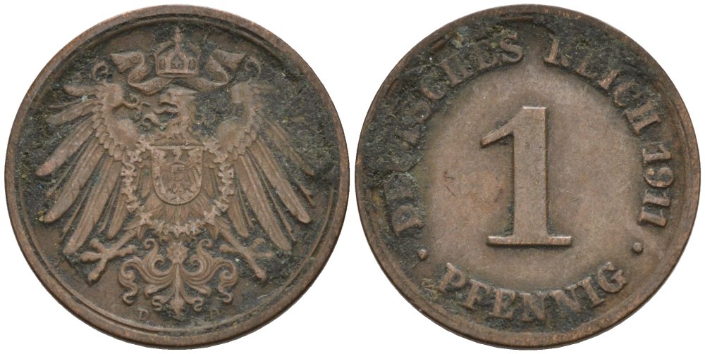 Германия 1 пфенниг 1911 D KM 10, J. 10 медь 4576-214