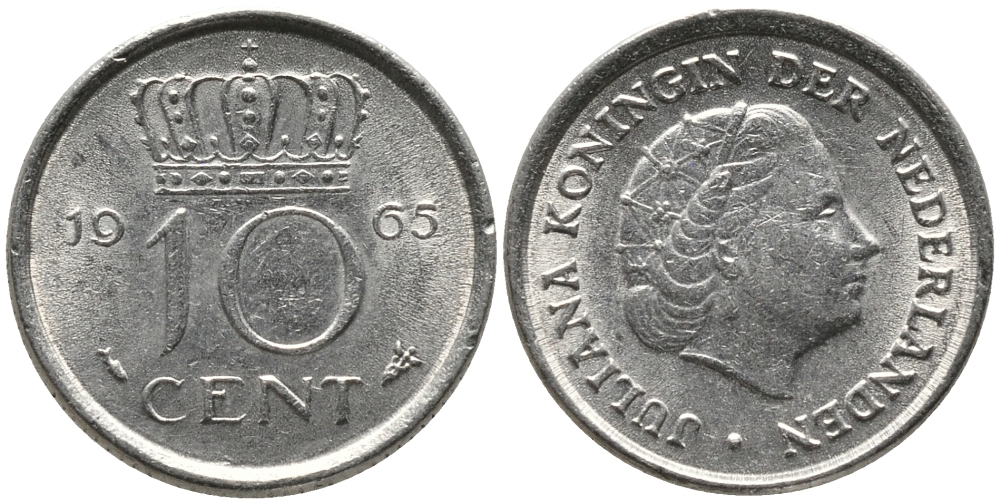 Нидерланды 10 центов 1965 Юлиана (1949-1980) KM 182 никель 4609-768