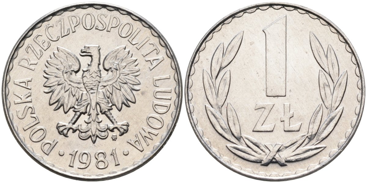 Польша 1 злотый 1981 MW, Народная Республика KM 49.1, Parchimowicz 213t алюминий UNC 4182-424