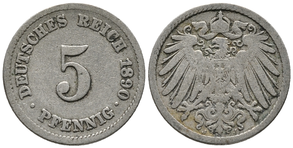 ГЕРМАНИЯ 5 ПФЕННИГОВ 1890 J KM 11, J. 12 медно-никель 39-634