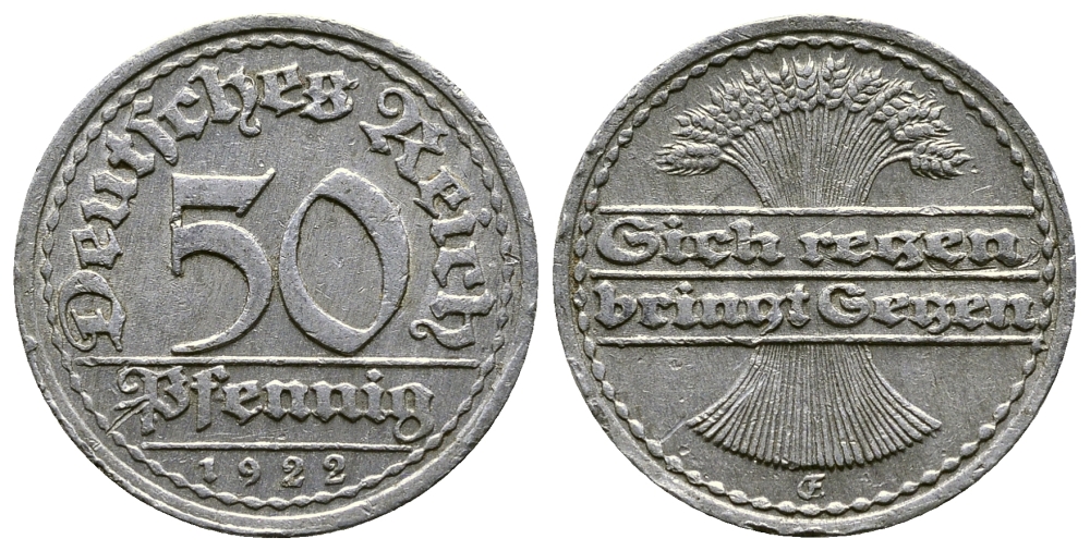 ГЕРМАНИЯ 50 ПФЕННИГОВ 1922 FG KM 27, J. 301, Weege 10 алюминий 4380-922