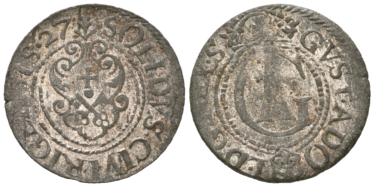 Ливония, Рига, шведская оккупация солид (шиллинг) 1627 Густав II Адольф (1621-1632) Ahlstroem 14, Haljak II 1465, Fed 725, Neum 50, KM 9 серебро    4169-664