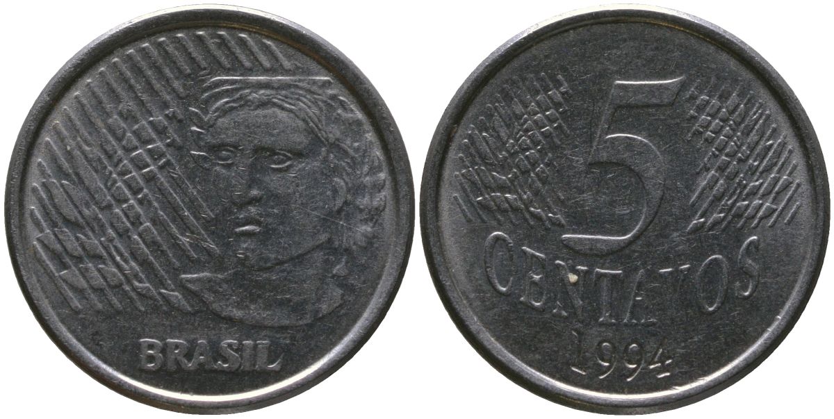 Бразилия 5 сентаво 1994 KM 632, Schon 141 нержавеющая сталь 4519-626