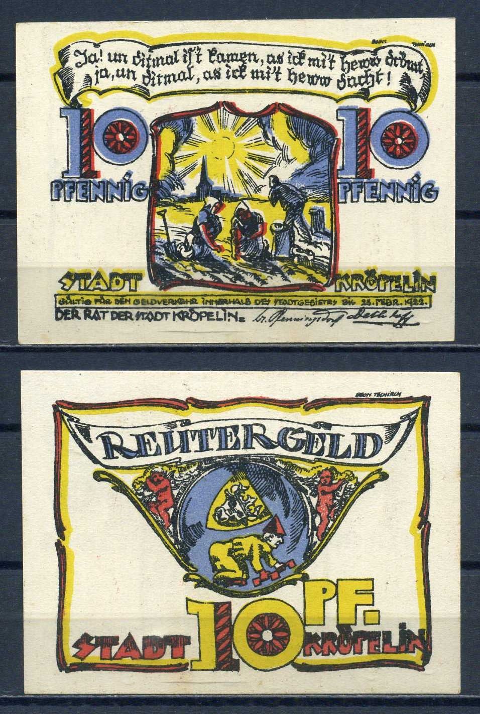 Крепелин (Мекленбург-Шверин, Германия) 10 пфеннигов 1922 бумага UNC (пресс) 7556-39-4-2