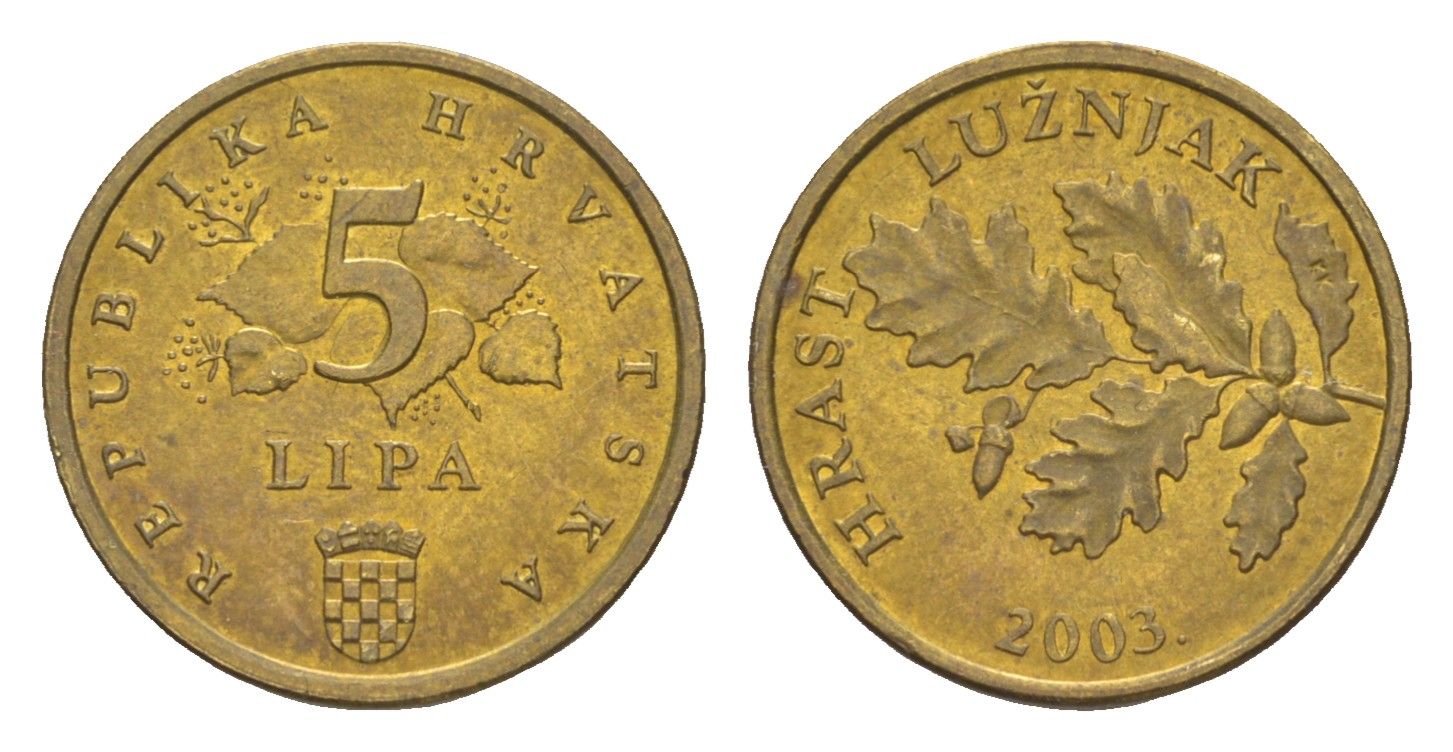 Хорватия 5 лип 2003 дуб, нечетный год KM 5 сталь плакированная латунью UNC 3309-149