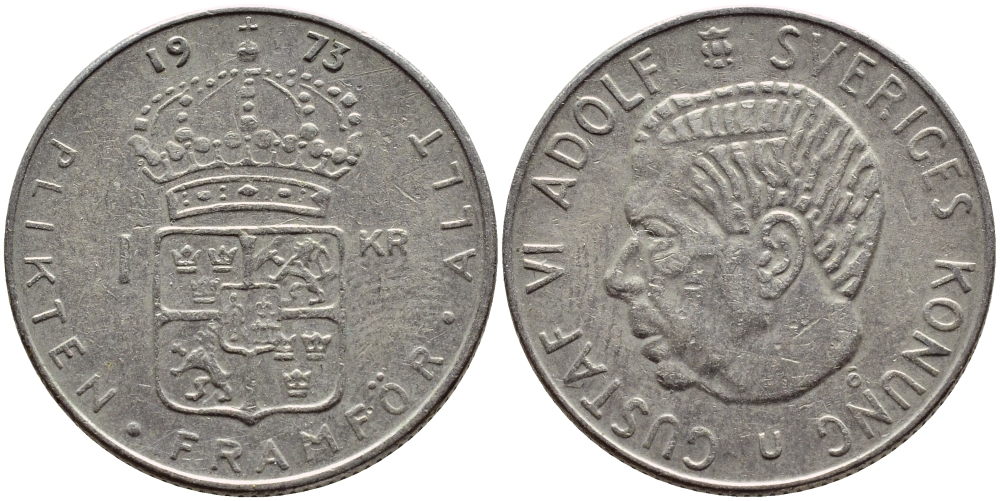 Швеция 1 крона 1973 Густав VI Адольф (1950-1973) KM 826а медь плакированная медно-никелем 4395-1055