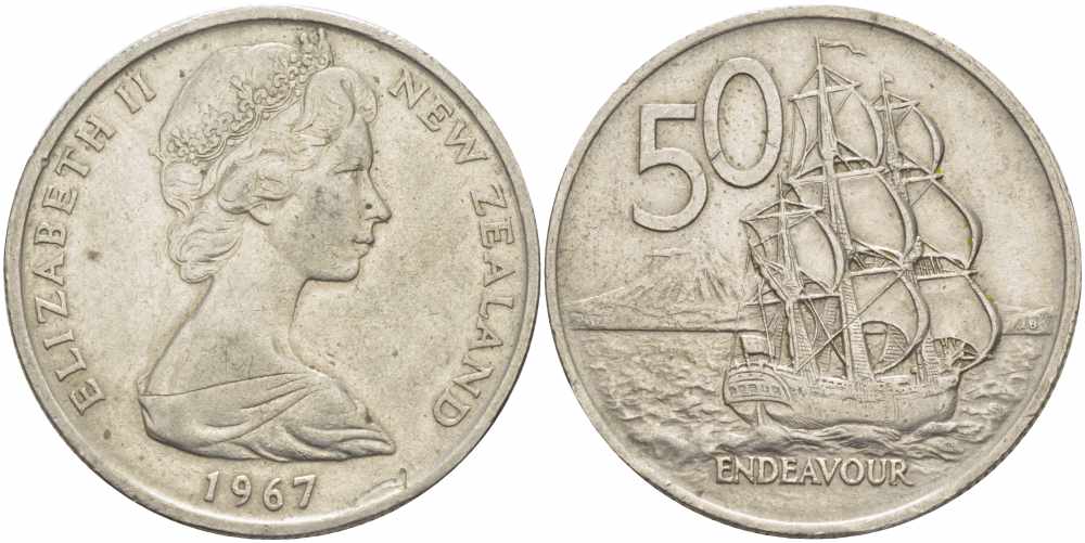 Новая Зеландия 50 центов 1967 Елизавета II (1952-2022), парусник Индевор KM 37.1 медно-никель 4557-332