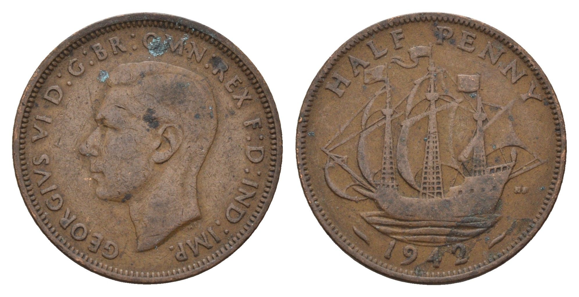 Великобритания 1/2 пенни 1942 Георг VI (1936-1952) KM 844, Spink 4115 бронза 4675-416