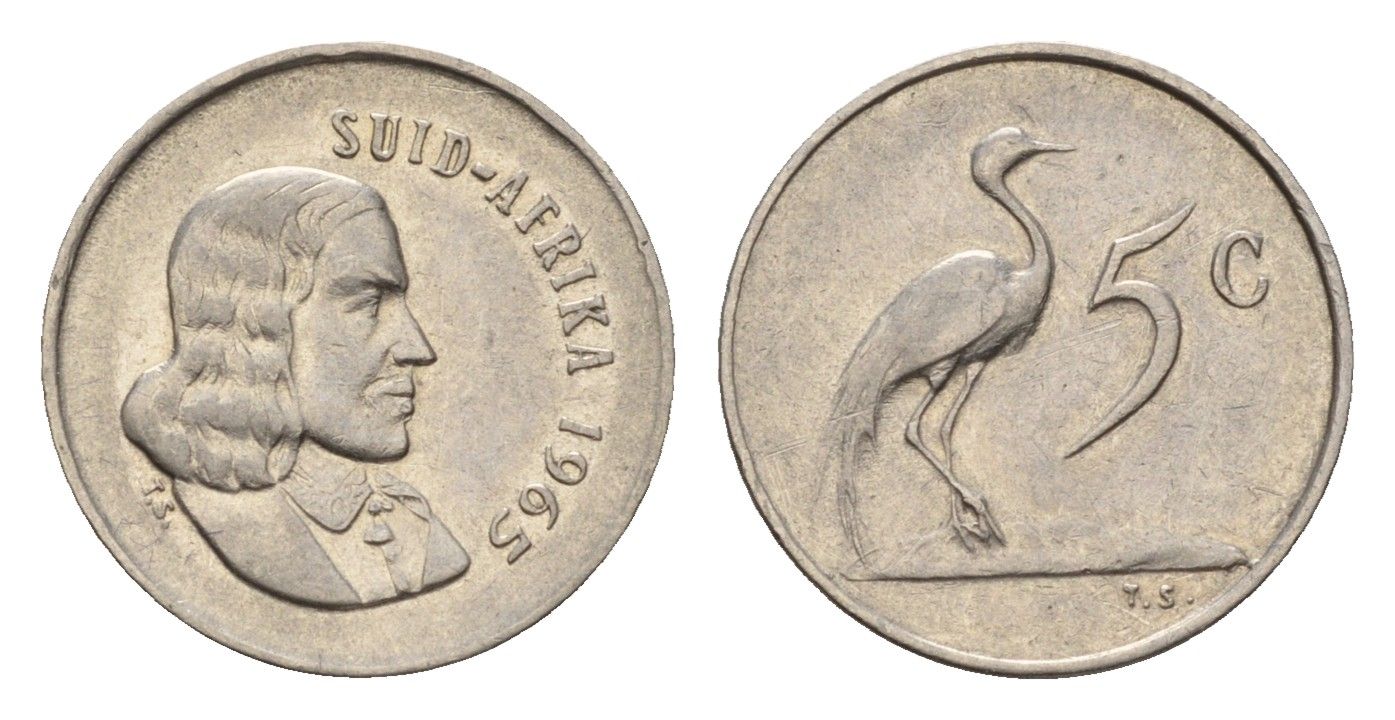 ЮАР 5 центов 1965 Ян ван Рибек (1619-1677), Suid Africa, легенда на африкаанс, райский журавль KM 67.2 медно-никель 4640-1051