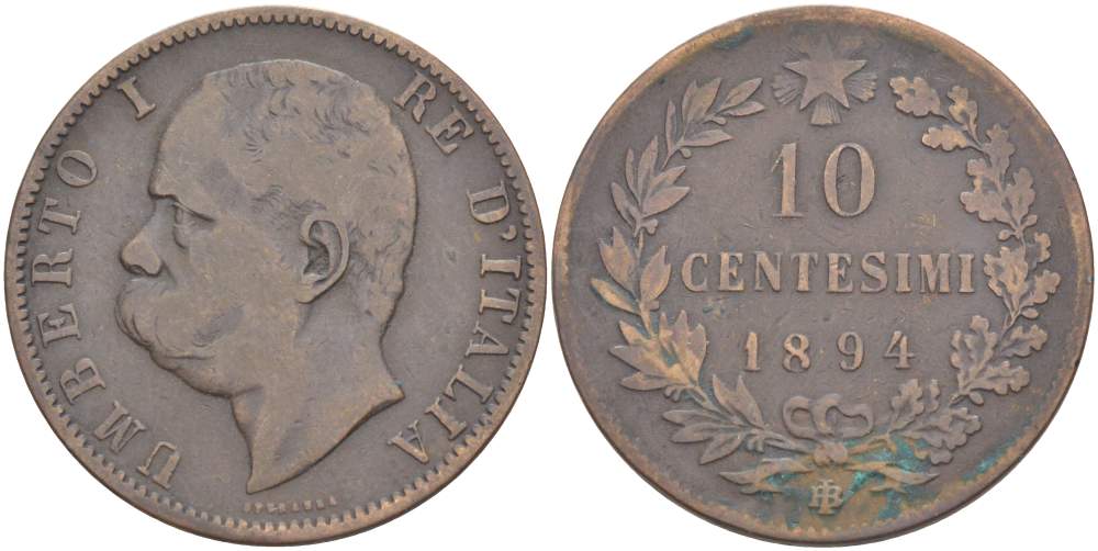 Италия 10 чентезимо 1894 B/I, Умберто I (1878-1900) KM 27.1 медь 4526-1024