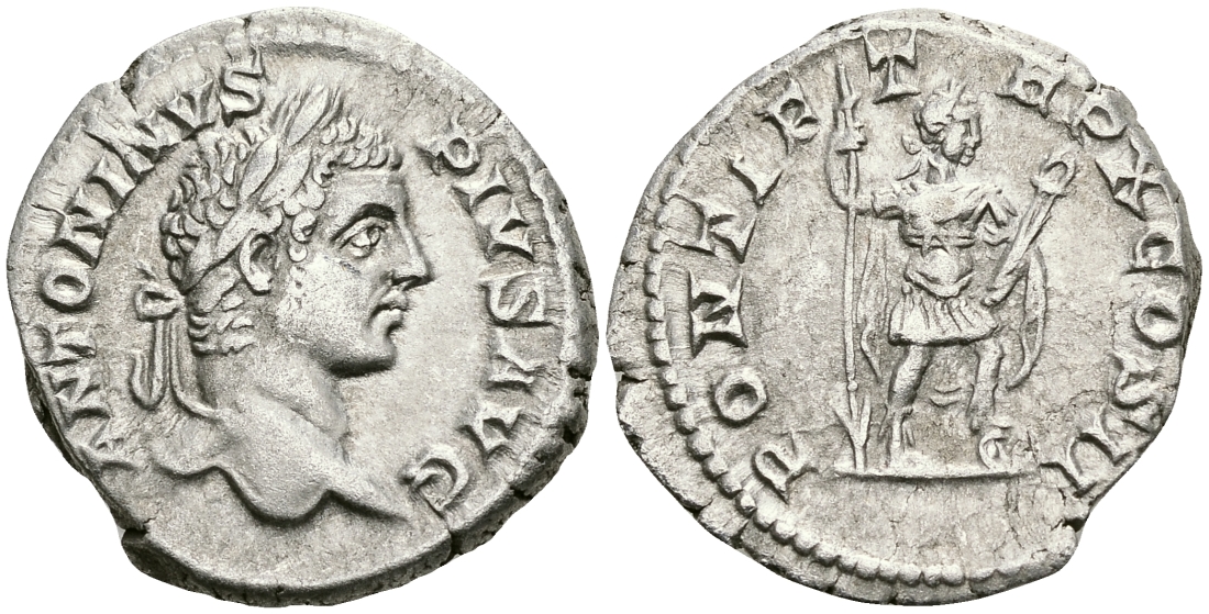 Римская Империя денарий 207 Каракалла PONTIF PM TRP X COS II император в доспехах Рим Good Very fine RIC 96 серебро 00-00-00