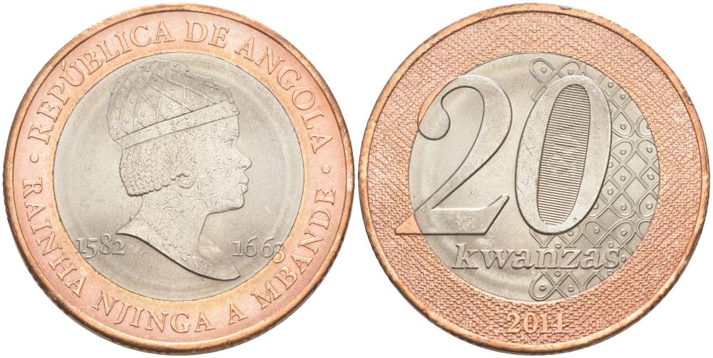 Ангола 20 кванза 2014 Королева Зинга Мбанди Нгола (1582-1663) KM 111 биметалл aUNC 69-131