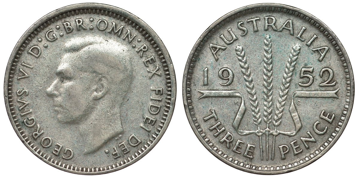 Австралия 3 пенса 1952 m, Георг VI (1937-1952), без букв KM 44 серебро 71-369